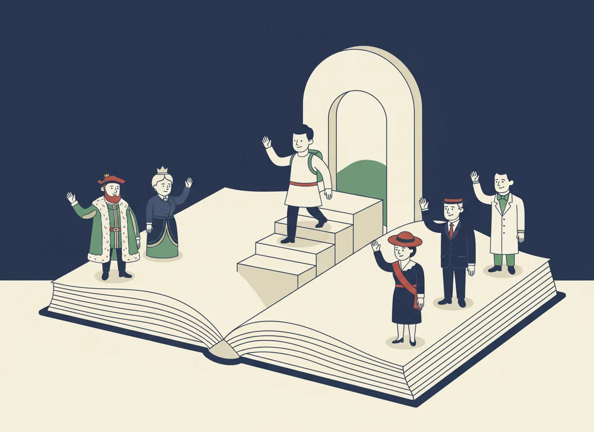 A person climbs steps made from the pages of a giant open book towards an arched doorway, while figures from British history wave them on