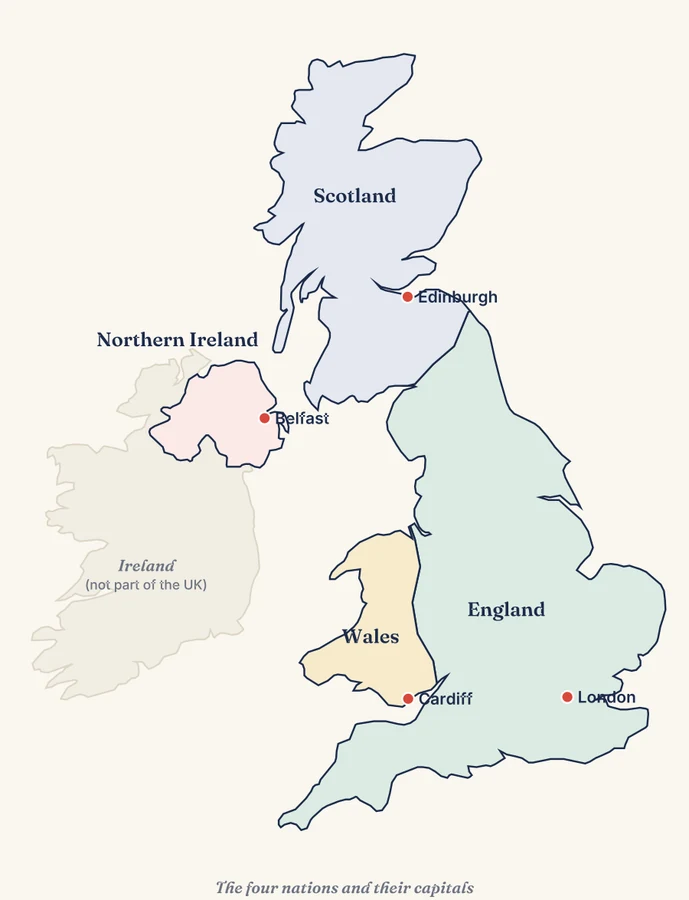 Map of the UK's four nations with their capitals